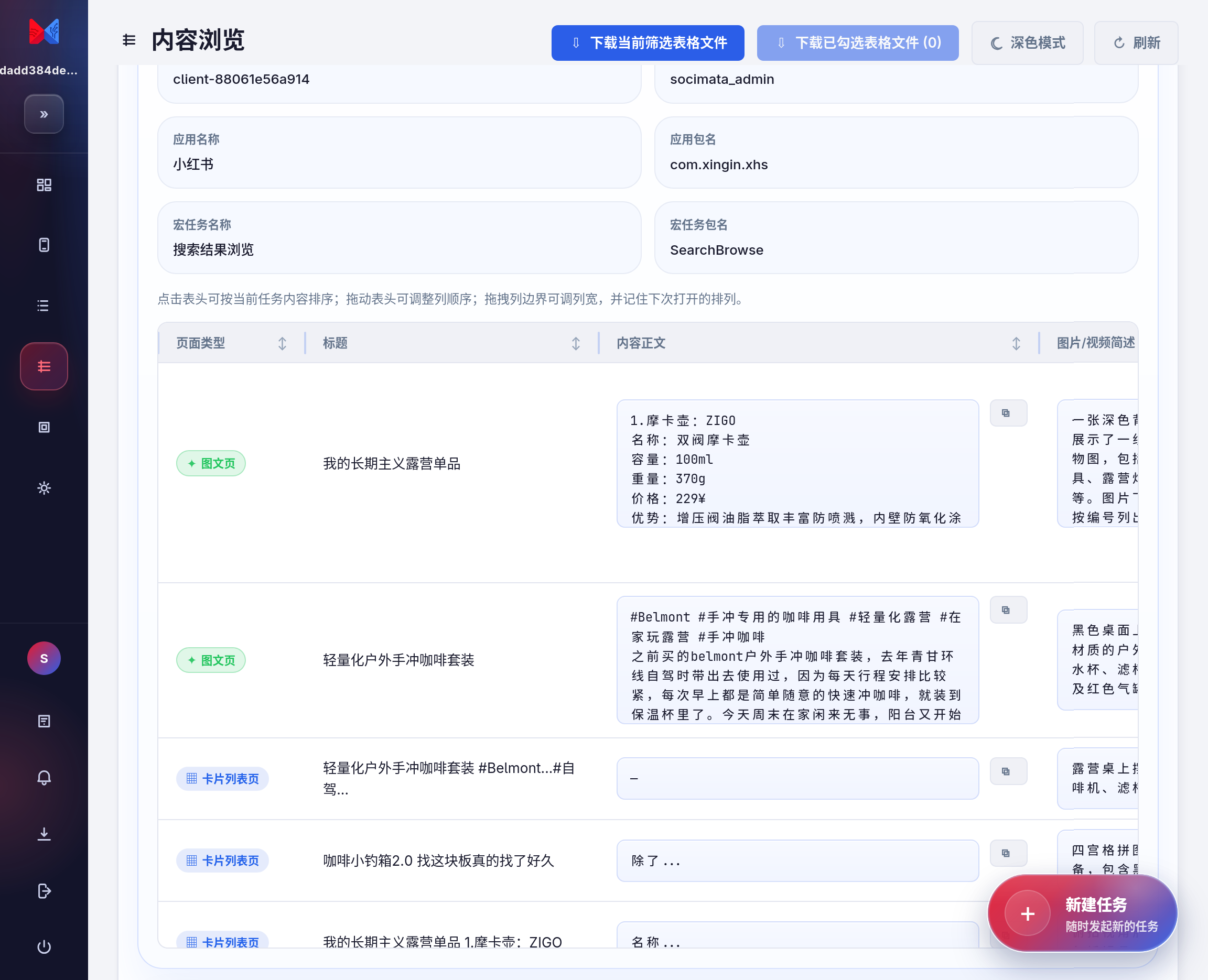 SociMata 内容浏览字段表格截图